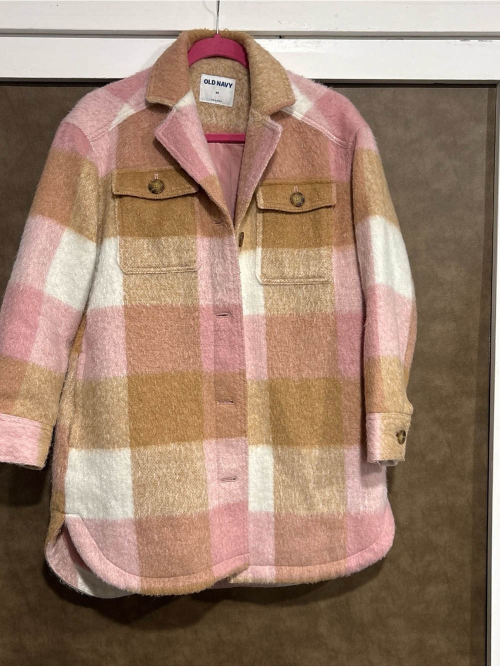 Old Navy Pink & Tan Plaid Shacket Jacket
